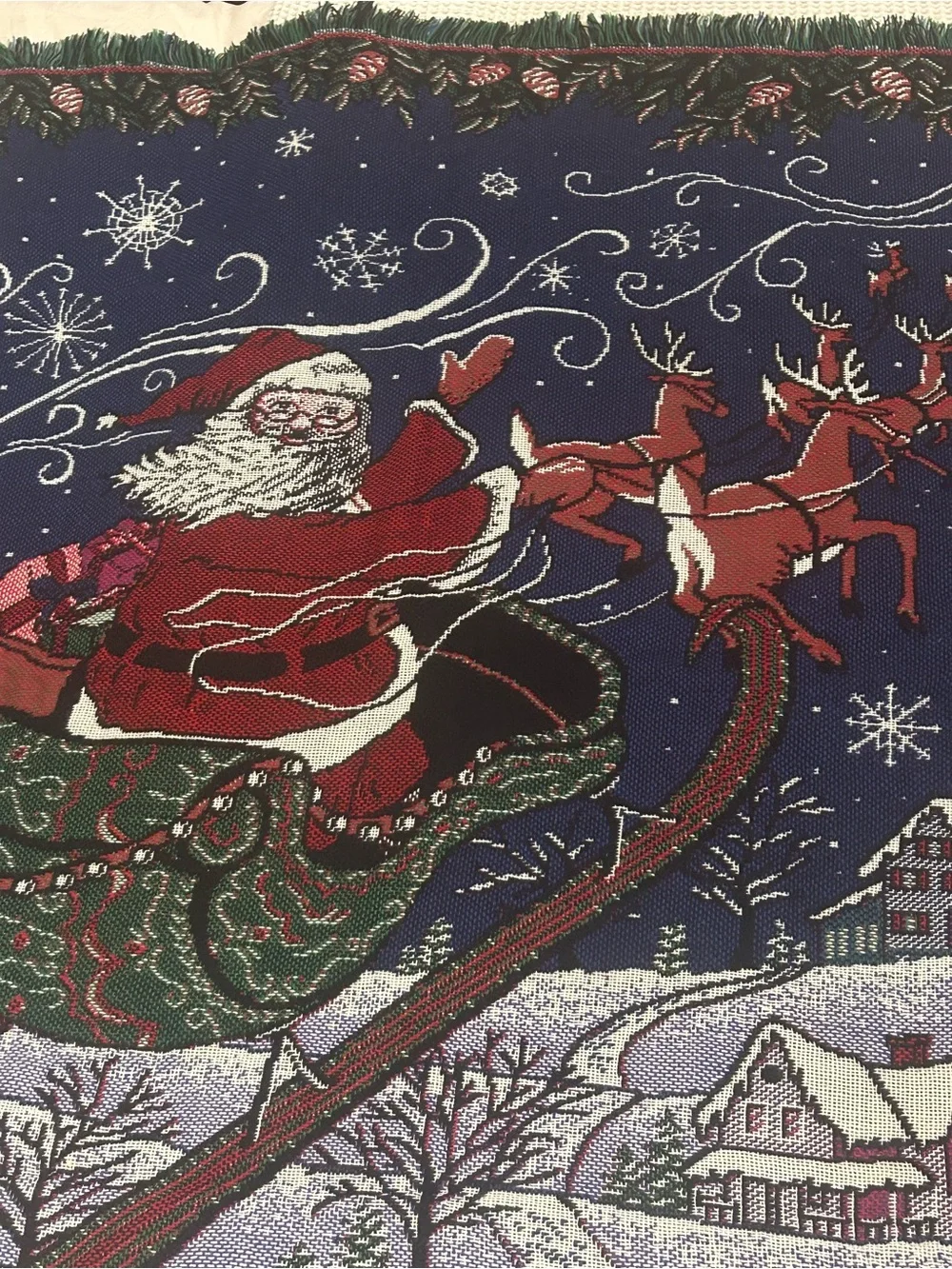 Tapestry Santa Sleigh Holiday Throw Blanket - Navy and Red